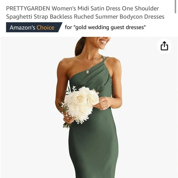 Army green satin one shoulder midi dress - Picture 2 of 5